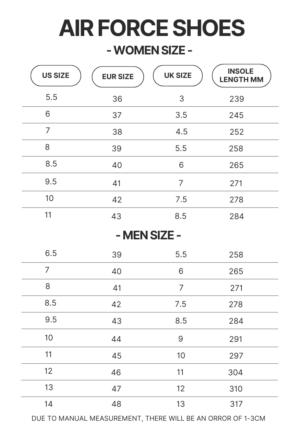 Air Force Shoes Size Chart - Berserk EU Store