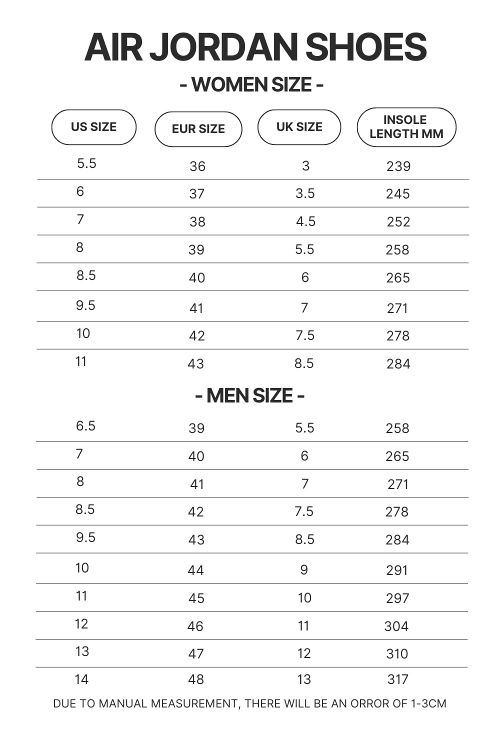 Air Jordan Shoes Size Chart 1 - Berserk EU Store