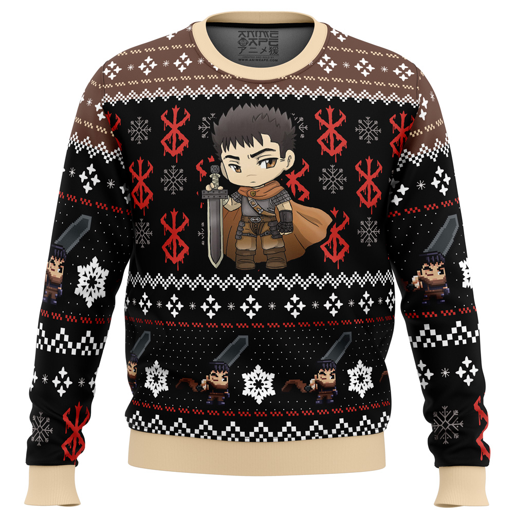 Chibi-Guts-Berserk_Ugly-Christmas-Sweater-FRONT-mockup Chibi Guts Berserk Ugly Christmas Sweater FRONT mockup - Berserk EU Store