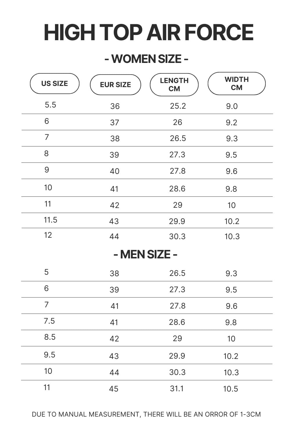 High Top Air Force Shoes Size Chart 1 - Berserk EU Store